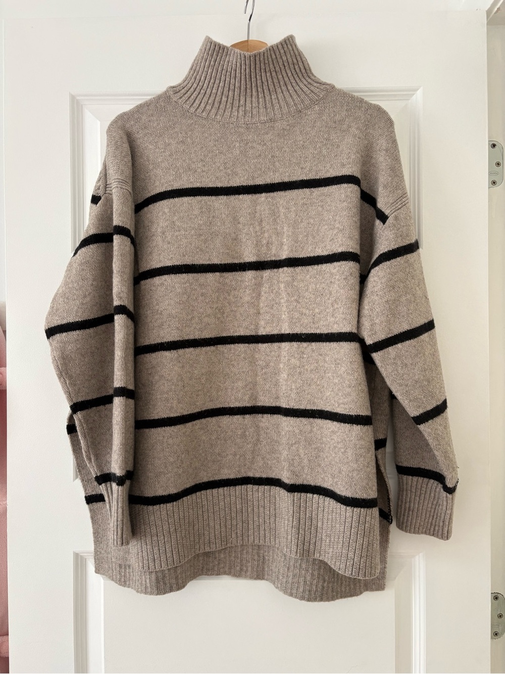 H&M Taupe and Black Striped Turtleneck Sweater